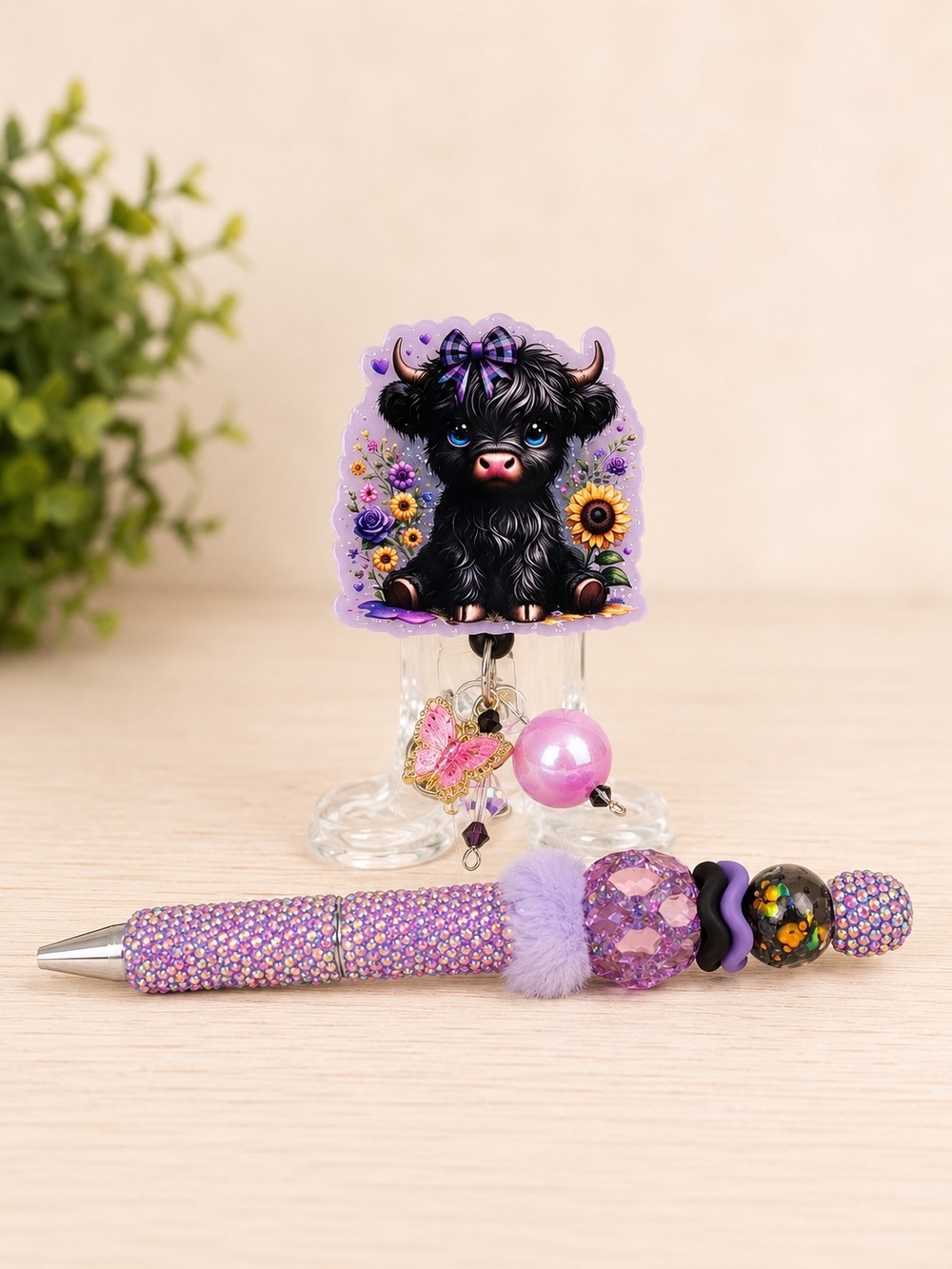 Handmade by Rockin' 3 Leather, Purple Glitter Calf Badge Reel & Bling Pen Set